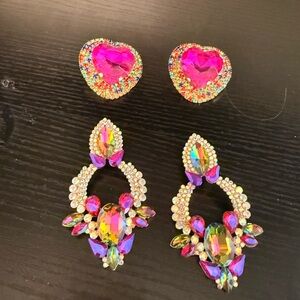 Vibrant Pink Multi-Gem Heart & Drop Statement Earrings